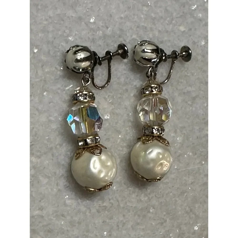VTG Faux Pearl Crystal Gold Tone Drop Earrings Hollywood glam Statement jewelry